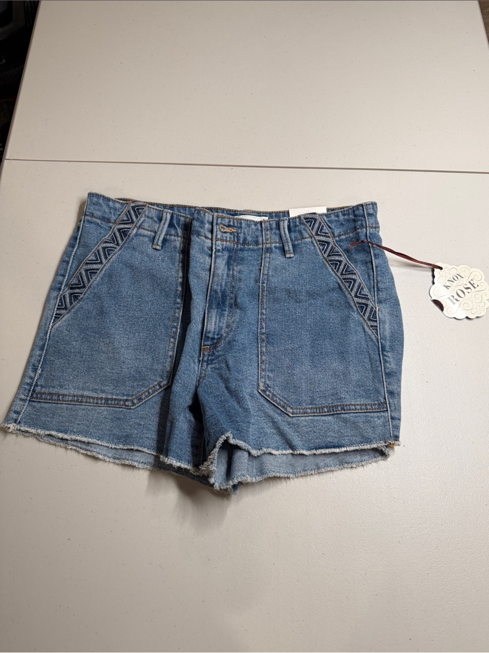 Knox Rose Blue Denim Jean Shorts with Embroidered Trim